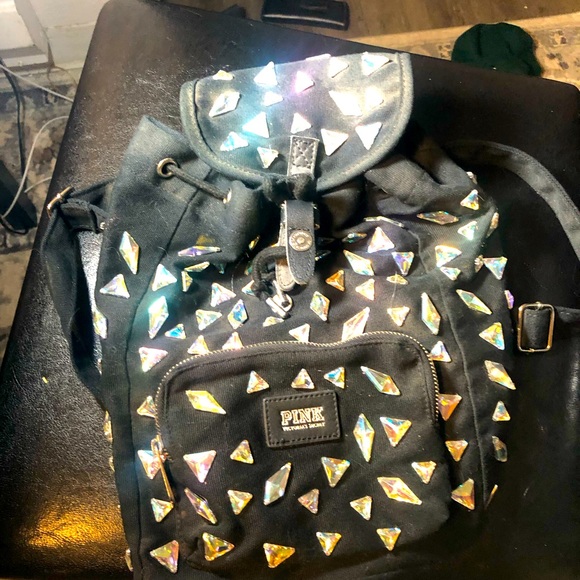 victory secret pink Women’s Black Mini Backpack with Large Gem Stones - Picture 3 of 16